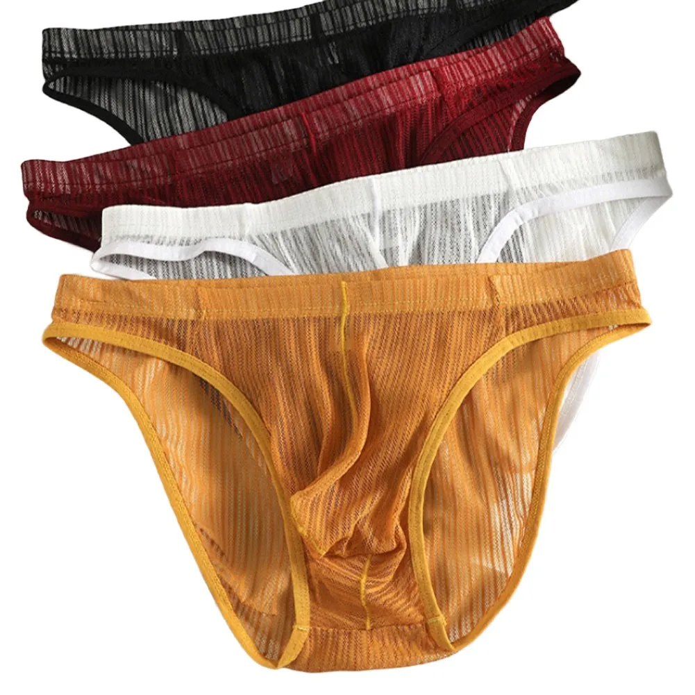 Casual Middle Waist Men Mesh Sheer Striped Briefs Shorts Summer Breathable Underpants Underwear Man Panties Bikini