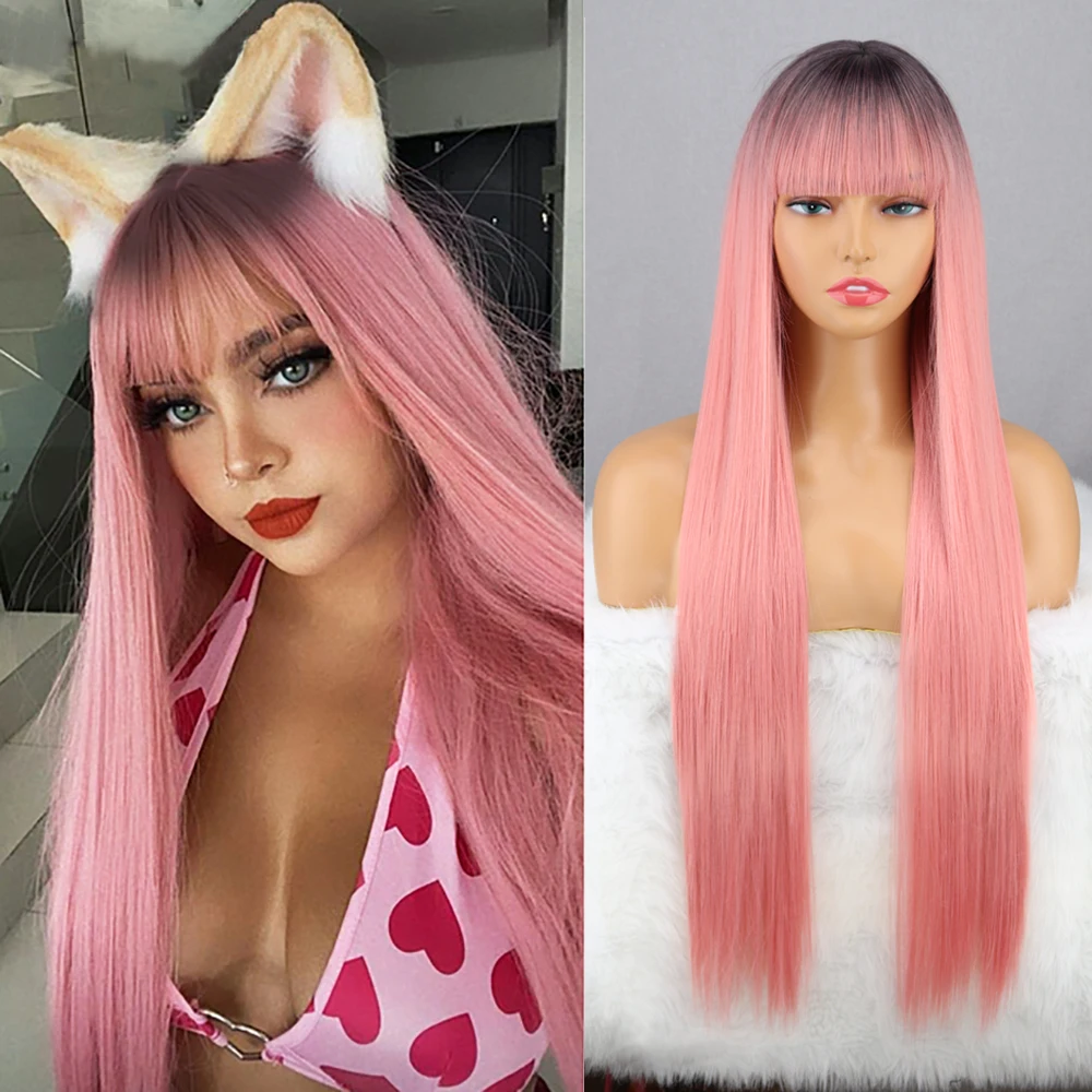 Roze Zwart Ombre Lange Hebben Pony Steil Haar Natuurlijke Hittebestendige Vezel Blond Bruin Zwart Cosplay Voor Vrouwen Daily Wear pruiken