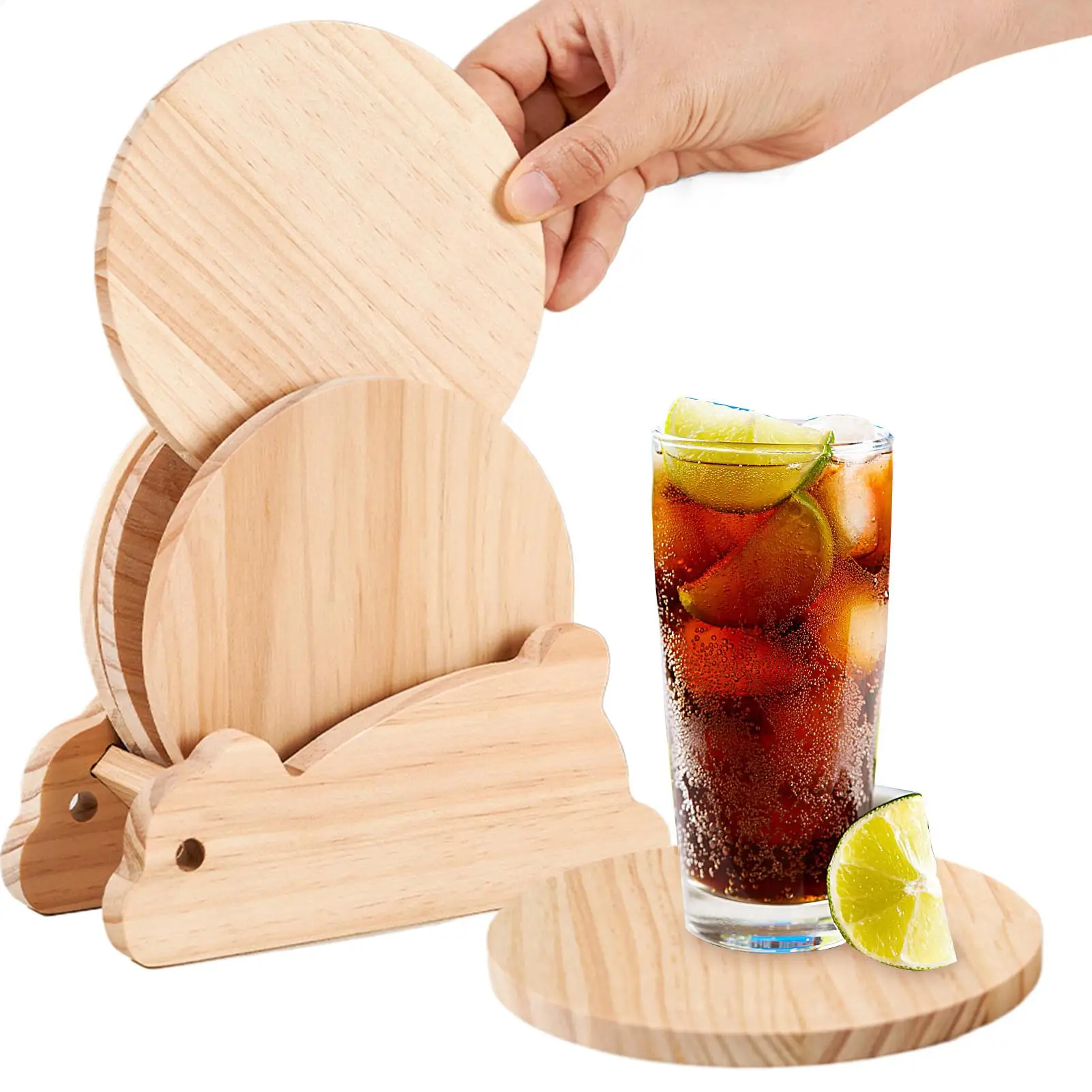 

Wooden Cup rabbits Coaster Set With 5 Circular Coasters Table Coasters Kitchen Accessories For Home Office Restaurant Bar