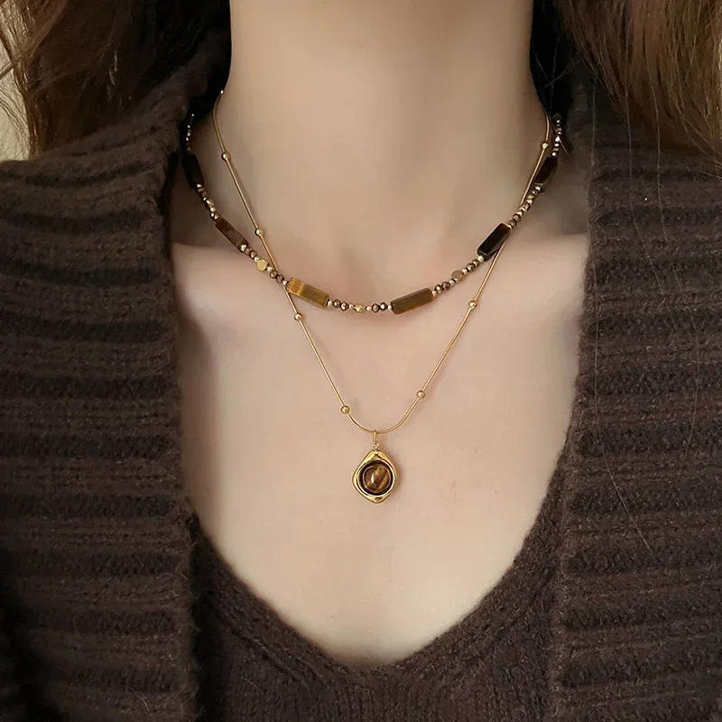 Retro Temperament Layered Tiger Eye Stone Pendant Necklace For Women Stainless steel Double-Layer Collarbone Chain Sets Jewelry image 3