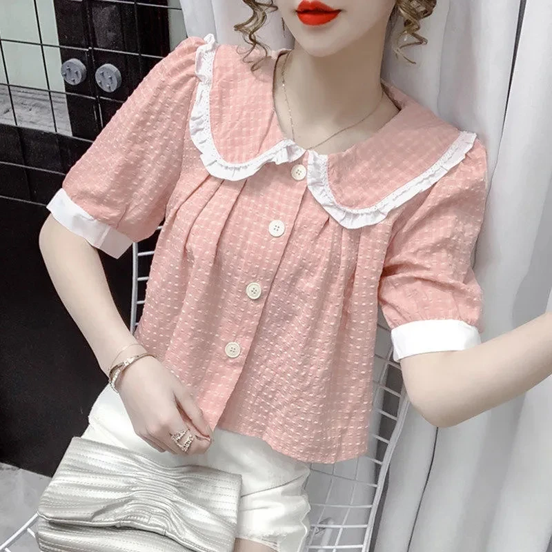 

Fashionable Anti-Aging Doll Collar Shirt Women's Summer New Design Loose Short Sleeve Top Versatile Korean Style Pure Color C...