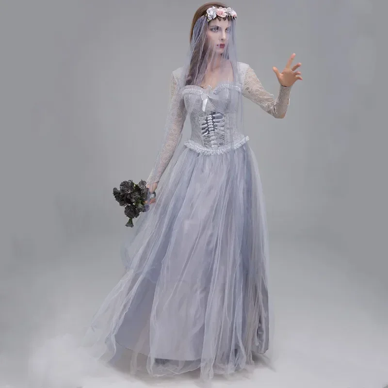 

Halloween Women Horror Zombie Skeleton Ghosts Bride Costume Ghost Bride Gray Wedding Dress Ghost Dress Mummified Party Dress