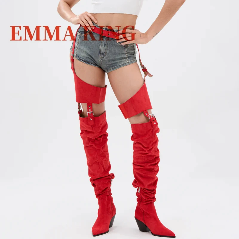 الأحمر فو الجلد المدبوغ الغربية Chap التمهيد أشار تو إسفين كعب الفخذ عالية Bootie موضة الأحذية النسائية المنصة الشتاء راعية البقر الأحذية