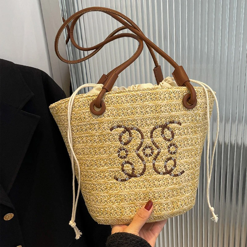 England Style City Handbags for Women Luxury Designer Wicker Straw Shoulder Bucket Bag 2024 Fashion Trend Crossbody Tote Bag