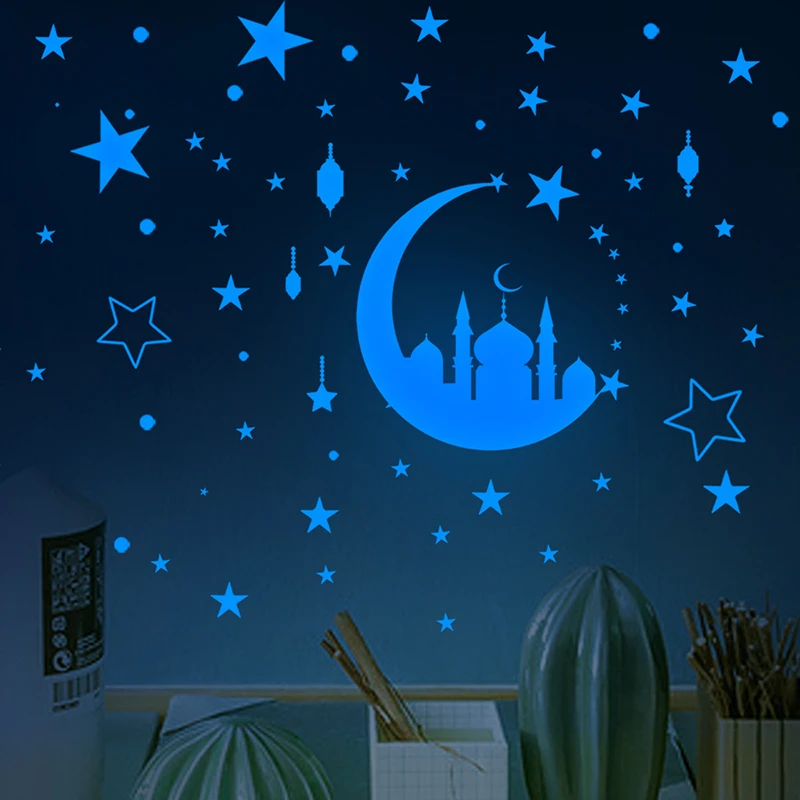 Eid Mubarak Luminous Wall Stickers Star Moon Glow in the Dark Ramadan Kareem Decoration Wall Decl for Home Living Room Decor