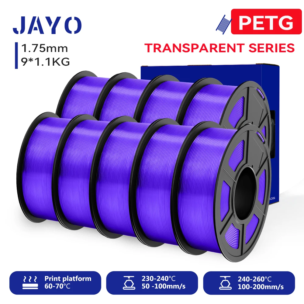 JAYO 9 Rollen 3D PETG/PETG Klares Druckerfilament 1,75 mm ±0,02 mm Hohe Zähigkeit & 100 % ordentlich gewickeltes Filament, passend für 99 % der 3D-FDM-Drucker