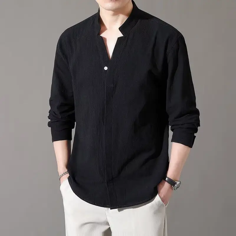 

Loose Fit Long Sleeve Stand Collar Shirt Men's Color Spring Autumn High Fashion Casual Style Polyester Fiber Male Apparel