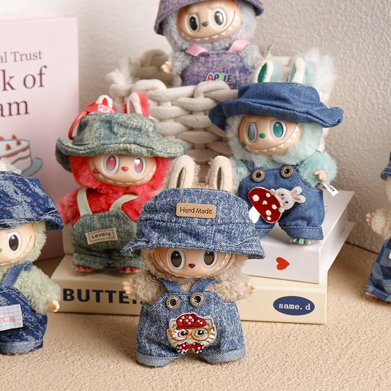 Neues 17 cm großes Labubu-Puppen-Overall-Set mit Kapuze, Fischerhut, gestreift, kariertes Tier, glänzende Muster, Vinyl-Figur, Schlüsselanhänger-Outfit