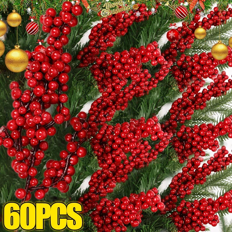 60/1branch Christmas Artificial Berries Stem Red Holly Berry Fake Flowers Plant for Xmas Tree New Year Party Home Decor Ornament