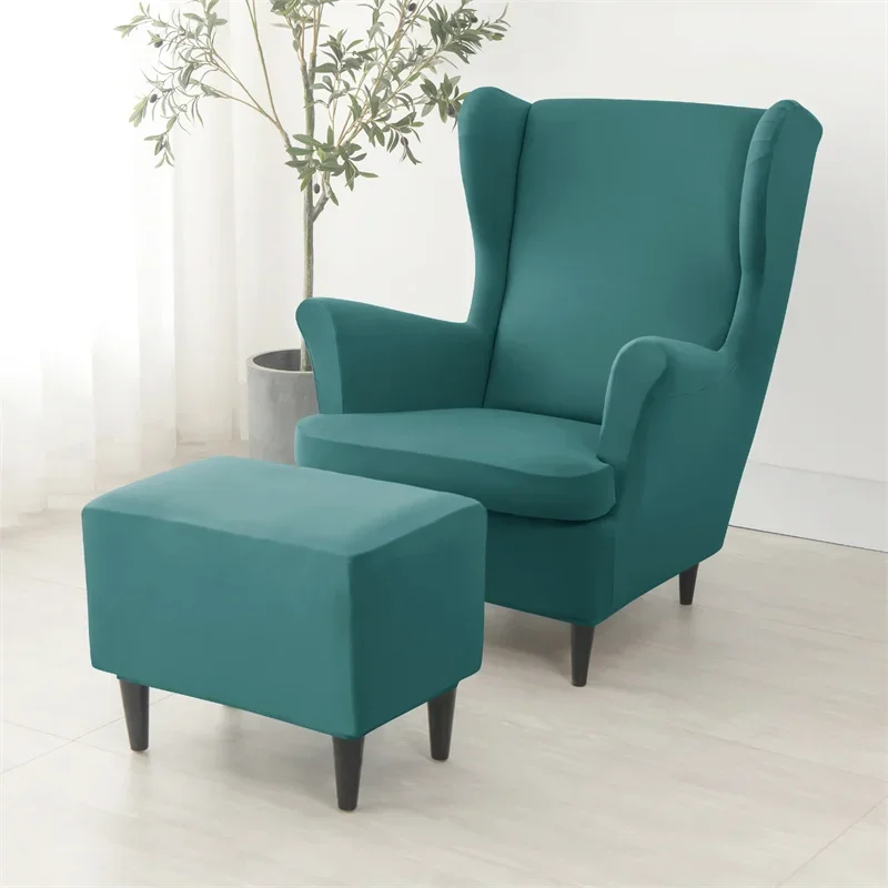 1pc Solid Color Wing Chair Cover Stretch Classic Style Armchair Slipcover Elastic Anti-dirty Single Sofa Cover for Living Room