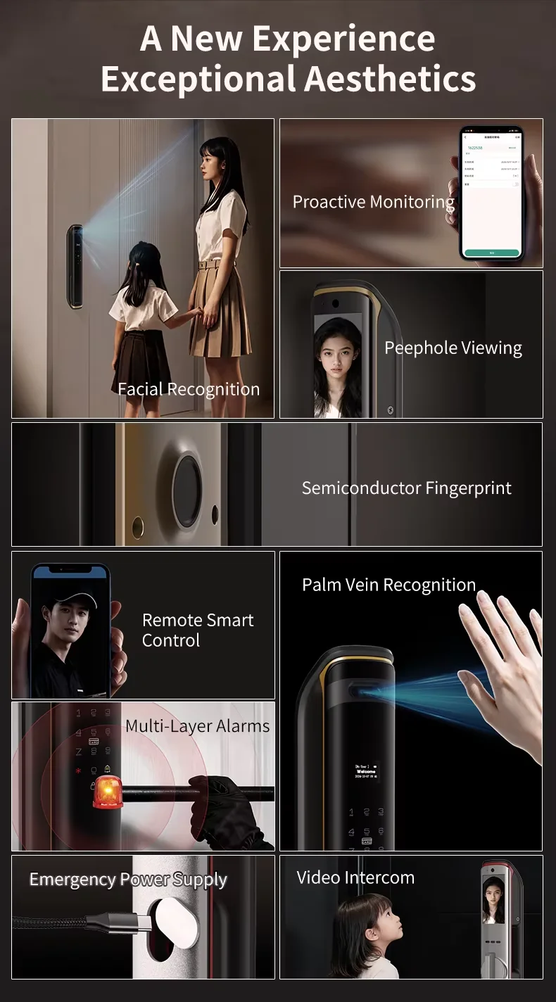 Tuya Wifi Fully Automatic Multi Language Visual Intercom 3dFace Recognition Aluminum Alloy Wood Door Smart Lock Camera