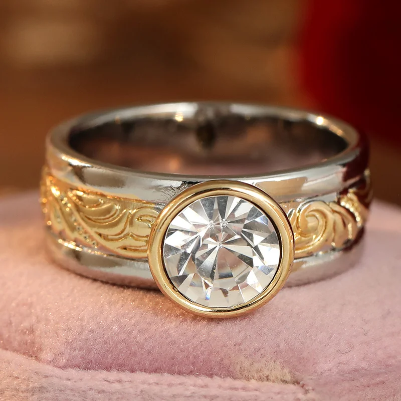 Women's Fashionable Carved Texture Ring Vintage Curly Grass Pattern Relief Inlay Cubic Zircon Ring Casual Jewelry Accessory