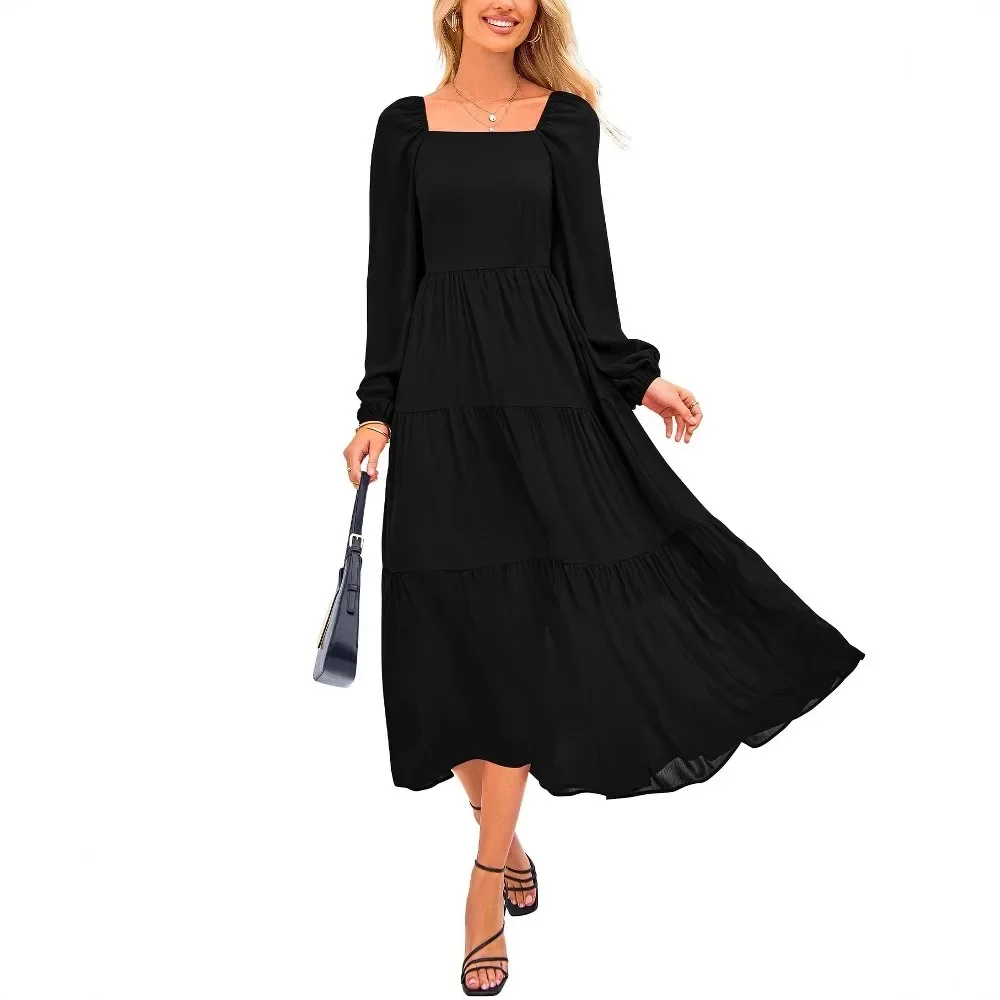 Women Elegant Maxi Dress 2026 Autumn Casual Square Collar Party Dresses High Cut Female Long A-line Dress Clothing Size