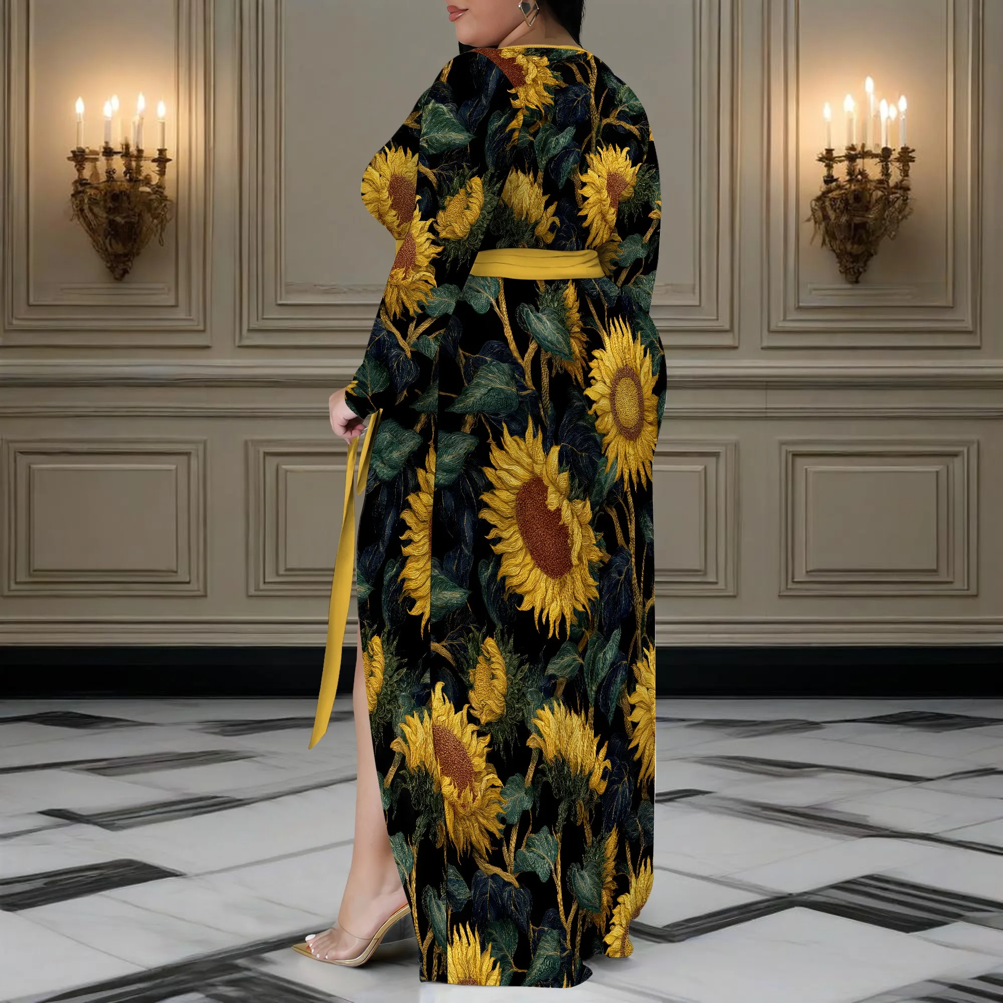 Nupusa zwarte zonnebloemprintjurk voor dames plus maat casual maxi-jurk met V-hals en lange mouwen en riem