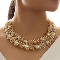 Kymyad Simulated Pearl Jewelry Necklace Double Layer Choker Necklace Women Bijoux Beads Crystal Collar Wedding Jewelry Necklaces