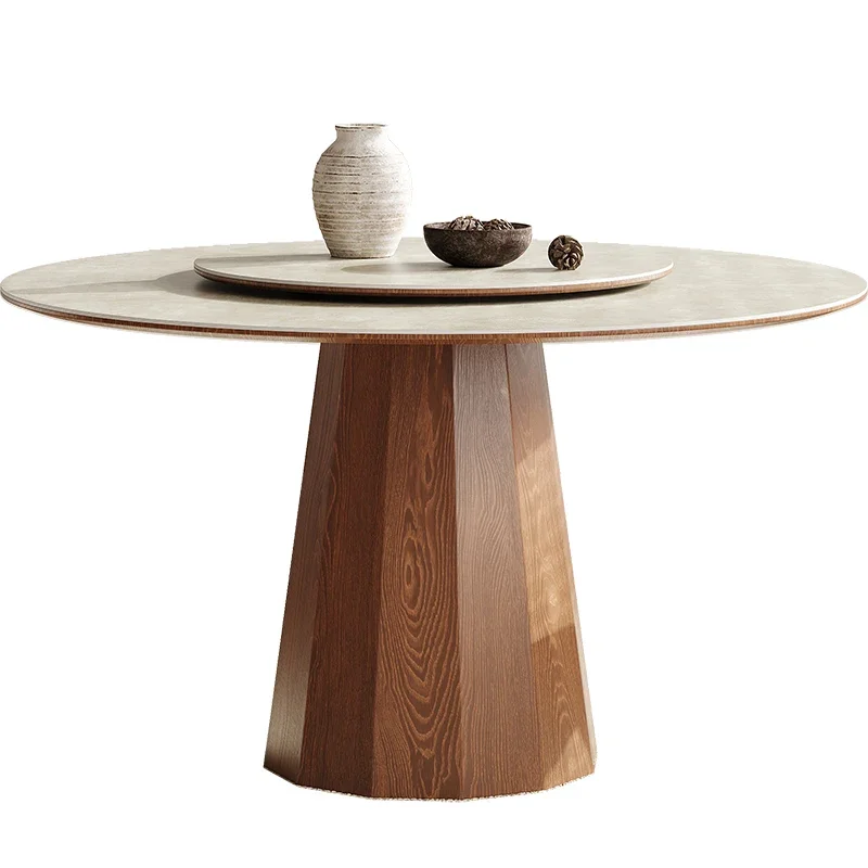 

A Nordic modern minimalist home walnut dining table set retro solid wood turntable matte rock version designer style