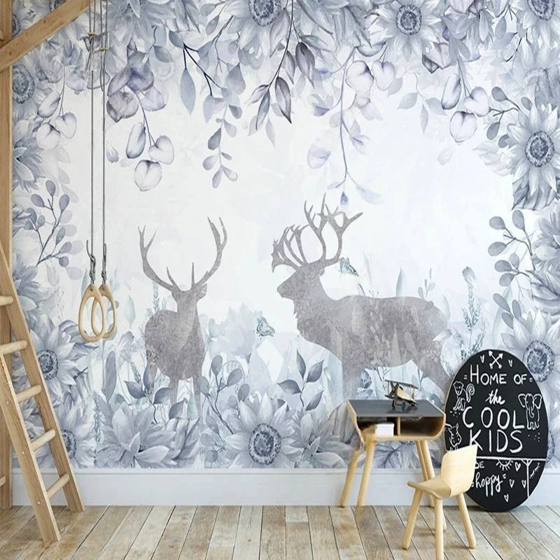 

Настенная роспись нестандартного размера - обои с ручной росписью оленя и цветочным узором в виде листьев для гостиной, прихожей, домашнего интерьера, декора стен
