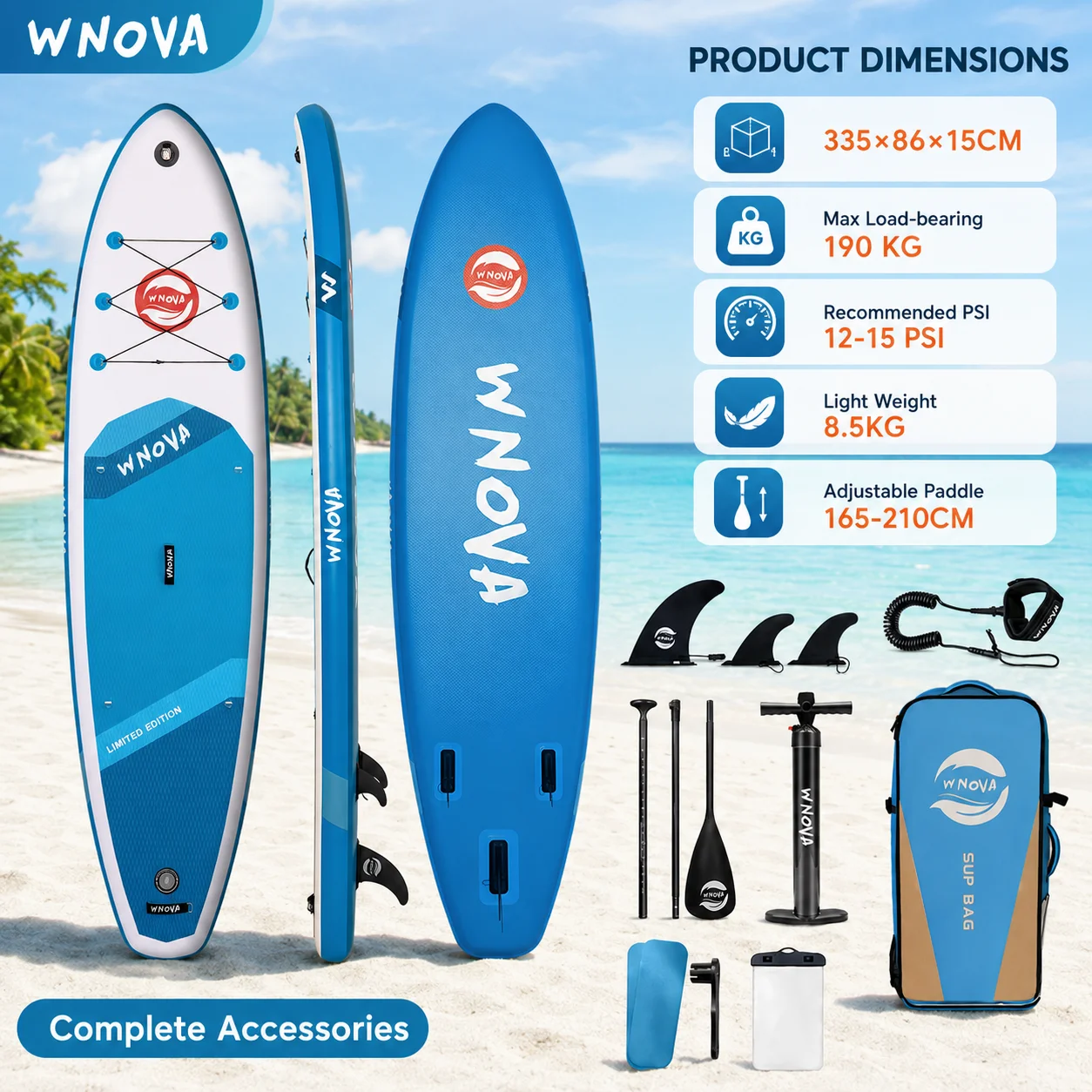 Tabla de paddle surf inflable SUP de 335 * 86 * 15 cm, ligera y fácil de transportar, tabla acuática para exteriores, adecuada para yoga acuático, fitness, pesca, turismo y uso en la playa, con accesorios completos, adecuada para principiantes.