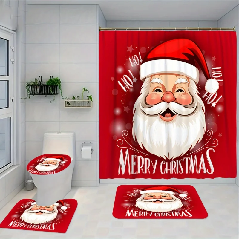 4pcs Santa Claus Pattern Shower Curtain Set, Waterproof Bathroom Partition Curtain With Hooks, Non-Slip Bath Rug, Toilet U-S