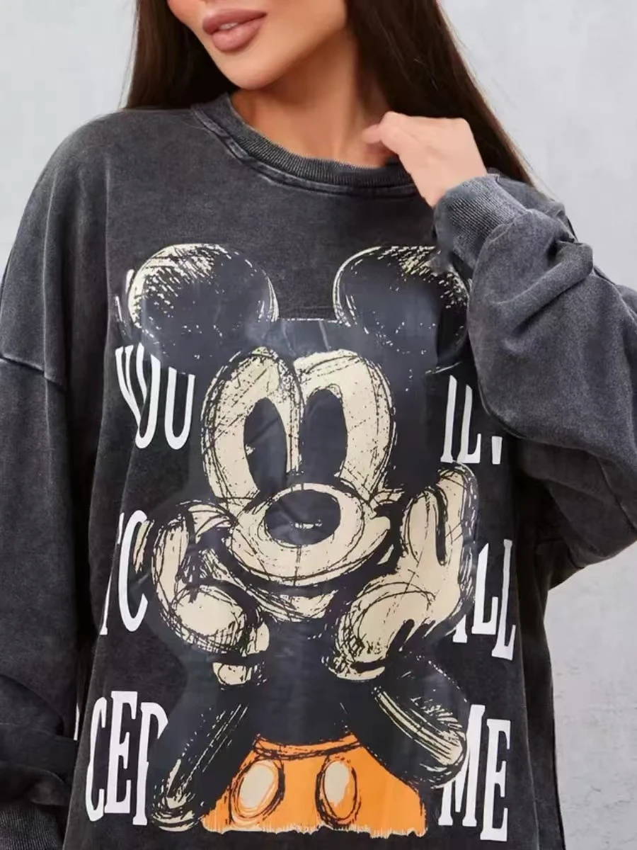 

Длинная свободная футболка с мультяшным принтом в стиле ретро, хлопковый удобный повседневный круглый топ для женщин