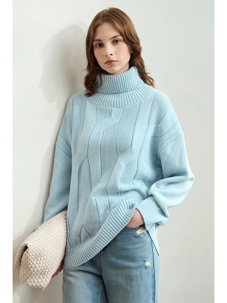 AMII Minimalist Languid Pullovers for Women 2024 Winter New Bulky Wool Yarn Turtleneck Lady Loose Drop Sleeve Sweater 12444123