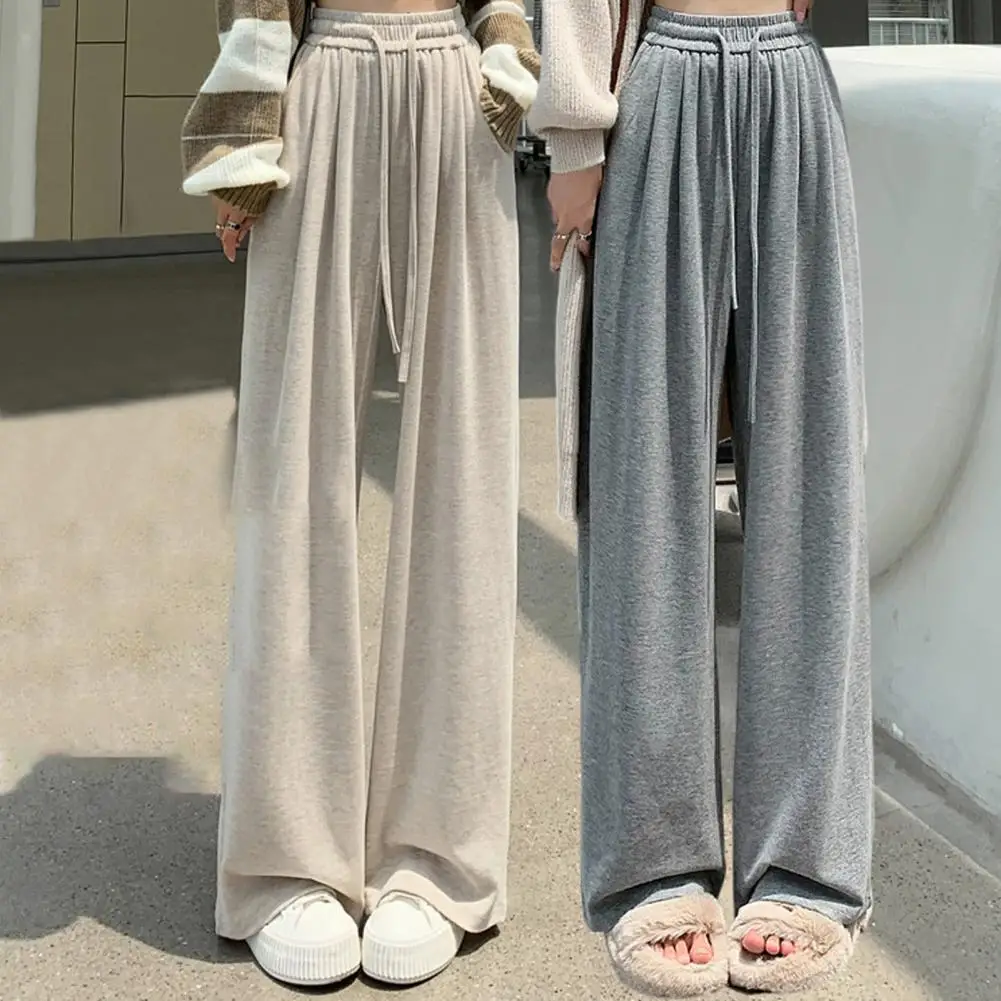 Wide-leg Pants Elastic Waist Bottoms High Waist Wide Leg Women's Pants with Drawstring Soft Solid Color Trousers for Fall Winter