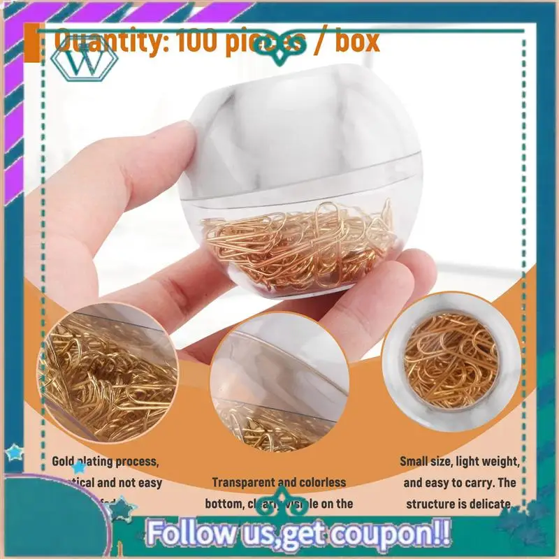 Upgraded Gold Paper Clips In Elegant Magnetic Marble White Clip Holder, 28Mm, 100 Clips Per Box