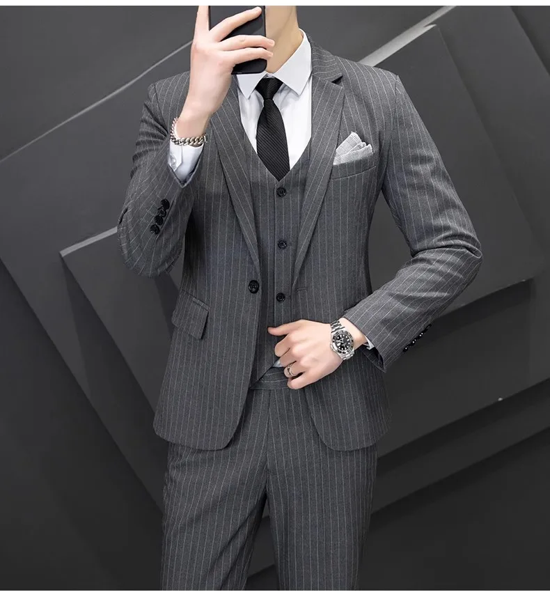 B-2003 Striped suit set for men, Korean version business slim fit dress, casual suit jacket