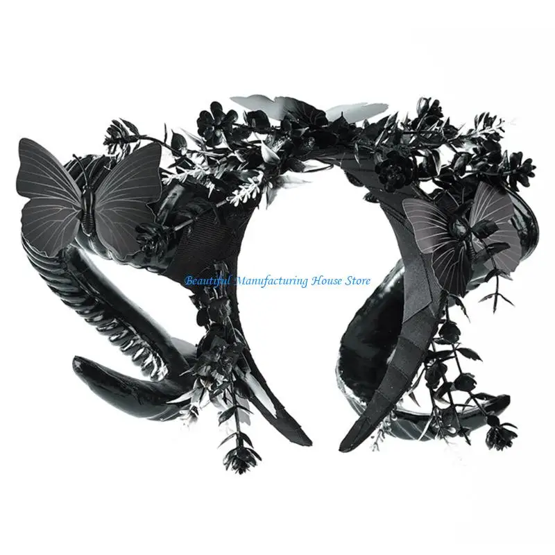 

E56A Halloween Dark Rose Floral Sheep Horn Headpiece Elegant Gothic Hairband For Cosplays Concerts And Daily Wear