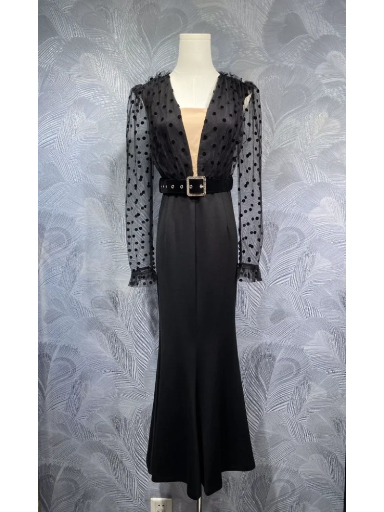 

Elegant Black Polka Dot Mesh Dress for Women – Deep V-Neck Belted Long Sleeve Midi Dress Sexy Evening Party Gown 2025