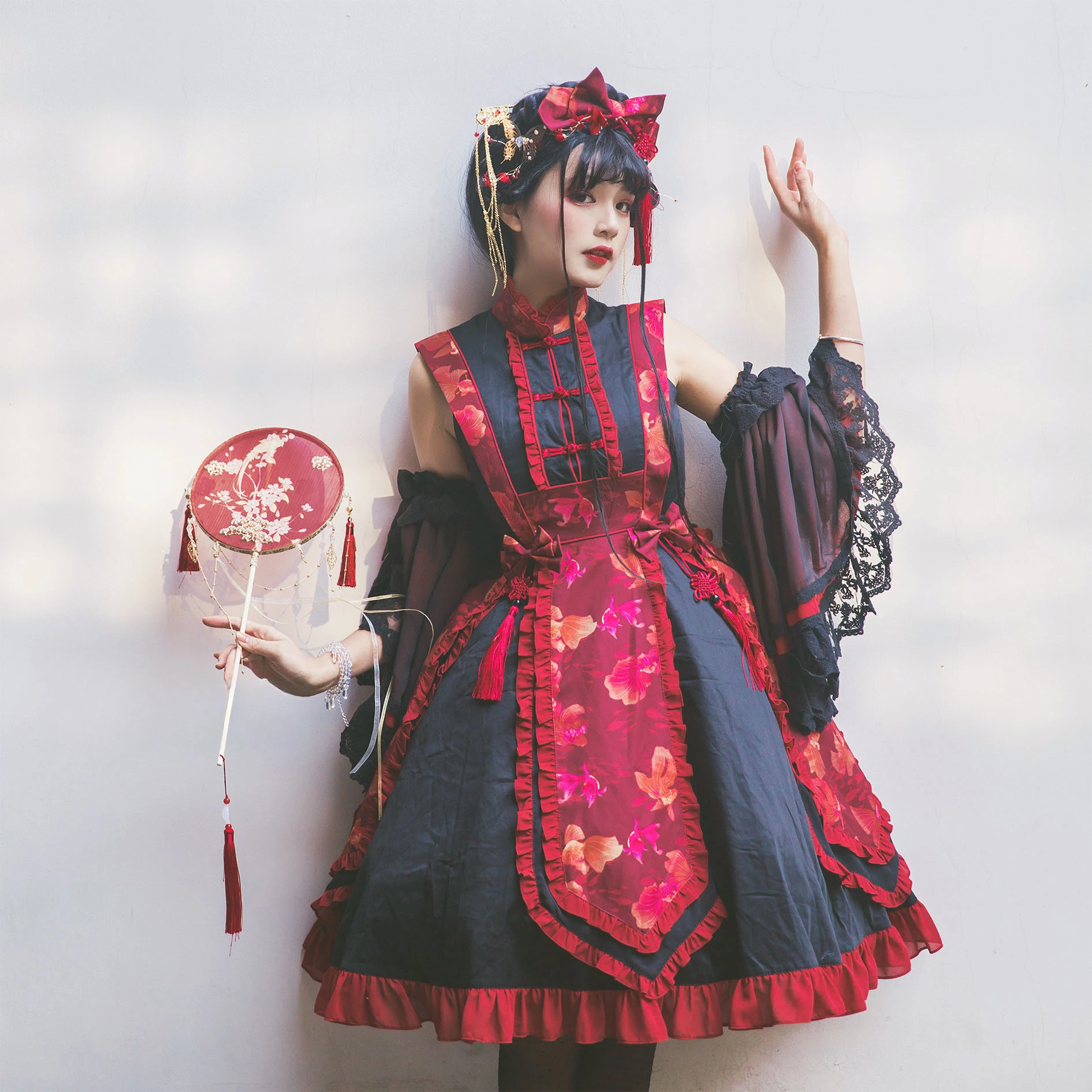 طقم لوليتا قوطي داكن ، توب ، تنورة وقبعة ، قبعة ، ريترو ، شبح صيني ، جيانغشي ، ملابس صيفية ، تنورات قصيرة ، طراز صيني لطيف