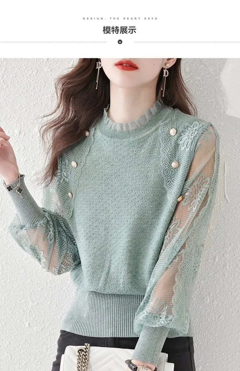 Lace Top Sexy Women\'s Clothing Button Sweater Xiao Xiangfeng Top Winter Clothes Women Tops Women\'s Bottom Shirt Womens Clothing