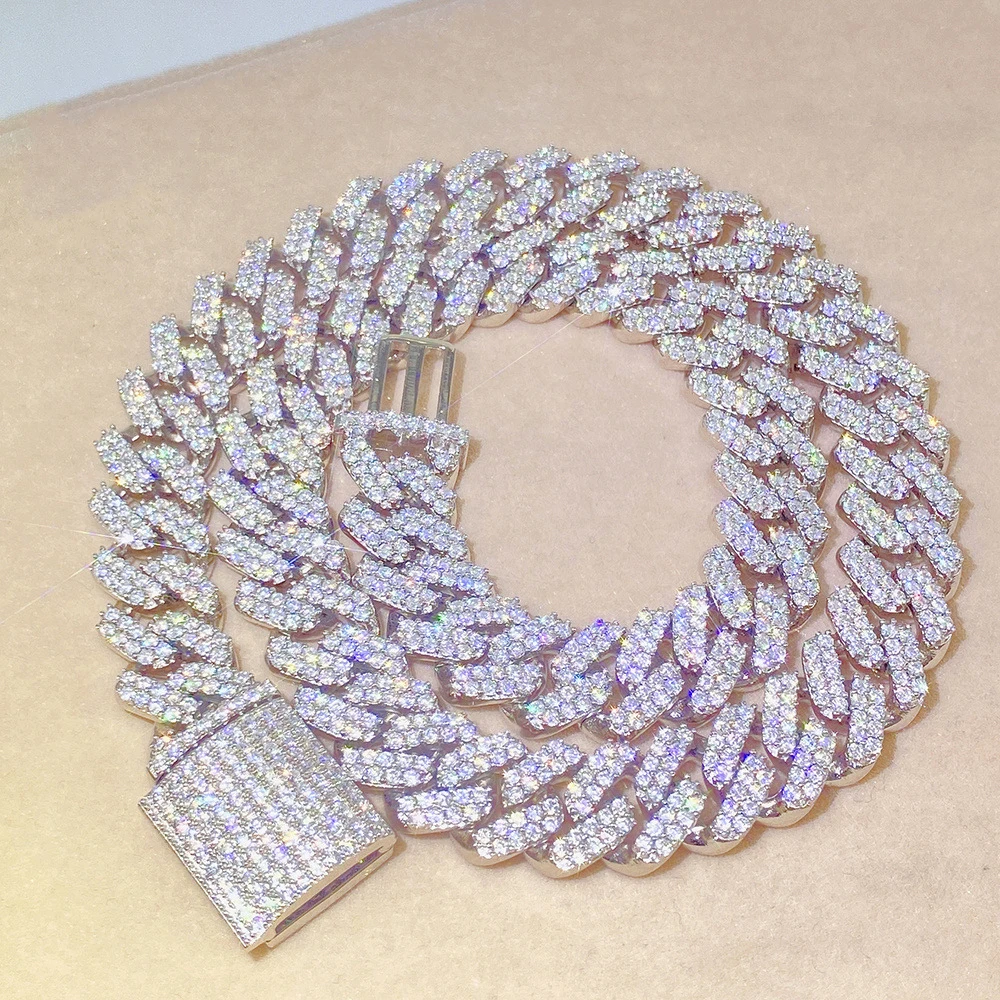 Thick 12.6mm S925 Sterling Silver Full 2 Row Bling Vvs Moissanite Open Buckle Iced Out Gold Diamond Miami Cuban Chains