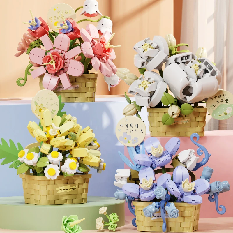 Potted Flower Basket Building Blocks Creative Bonsai Plant Bouquet Model Assemble Bricks Decoration Children\'s Christmas Gifts