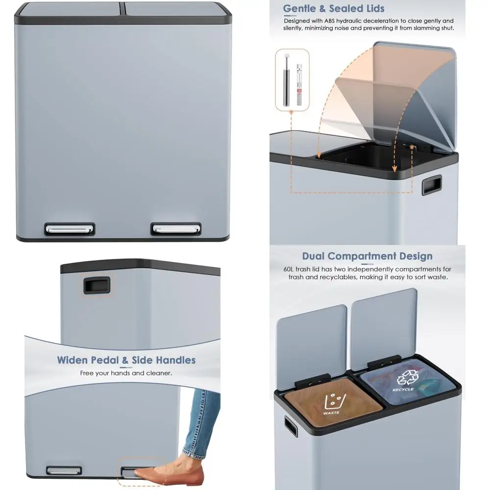 

Stainless Steel 60L Dual Compartment Kitchen Trash Can with Separate Recycling Bin for Waste and Recycle Management