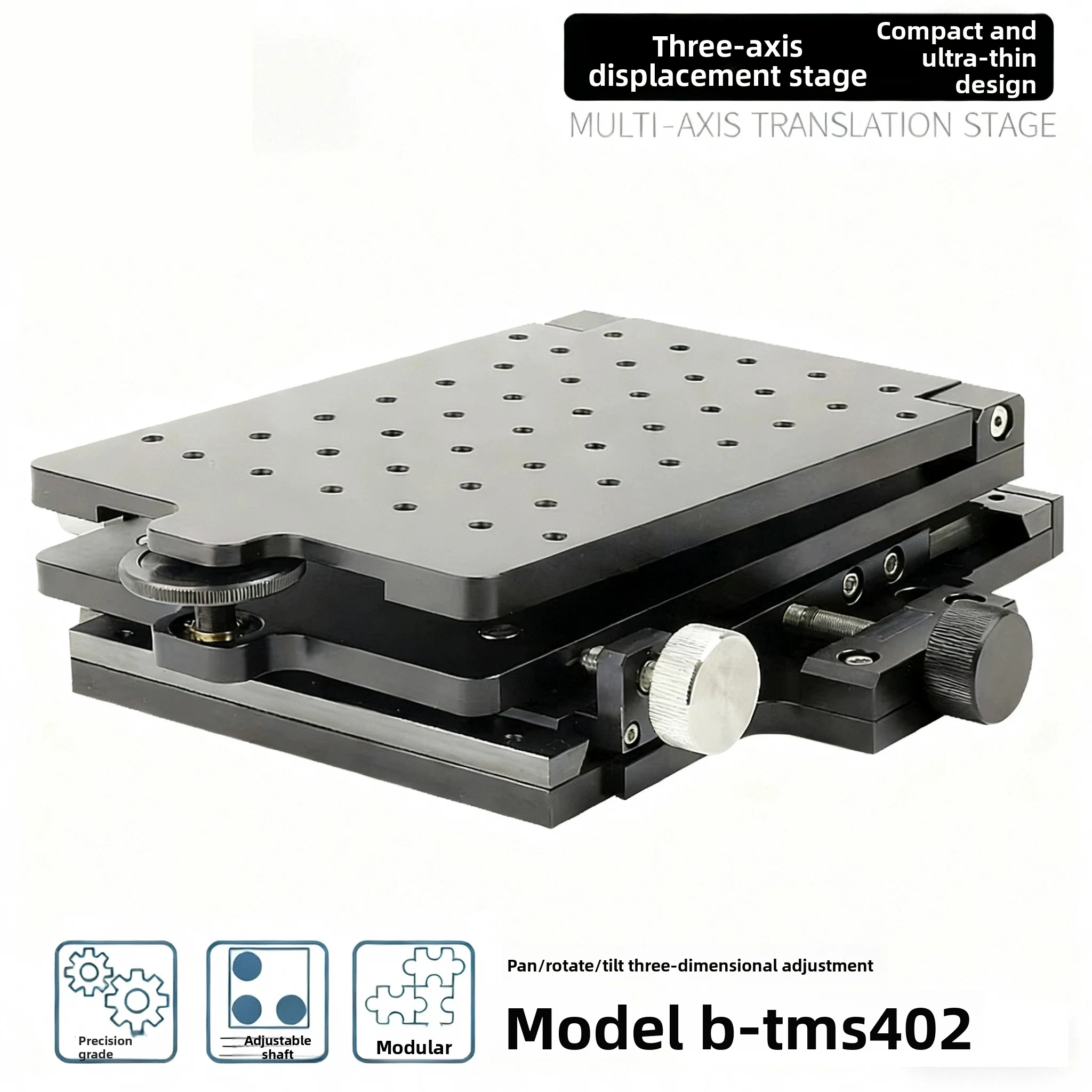 B-TMS402 Integrated 3-Axis Manual Translation Stage–Dovetail Guide, Fine Screw Drive,±10mm Travel,19kg Load for OpticalAlignment