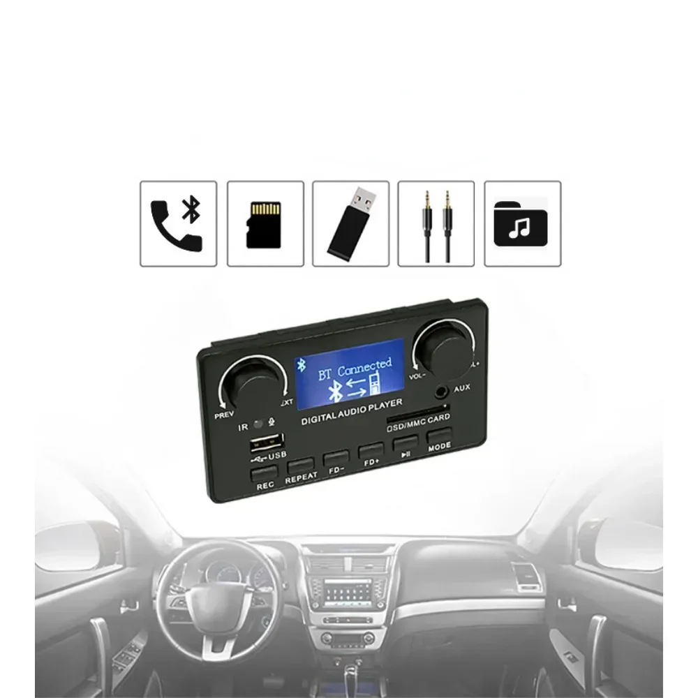 Placa decodificadora Bluetooth MP3 de 12V, decodificador de pantalla LCD con letras, WMA, WAV, FLAC, APE, grabación FM, decodificación USB para amplificador de Audio