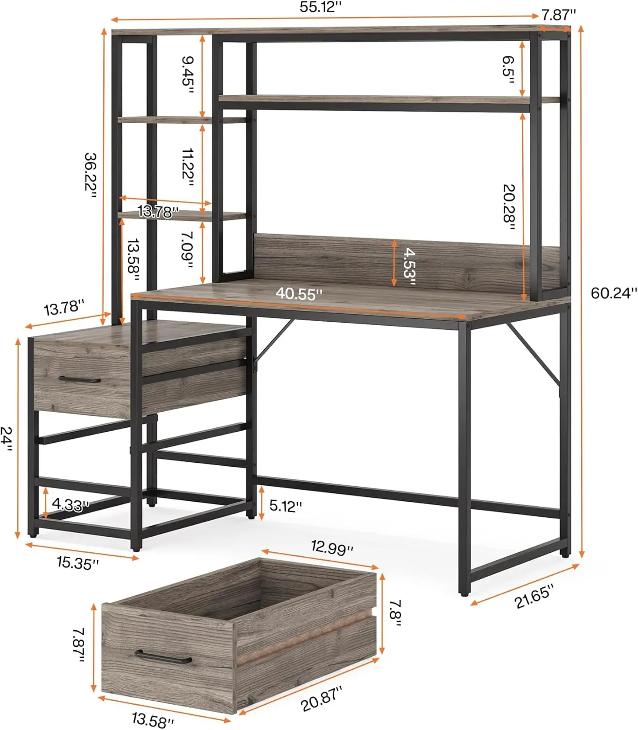 Bureau d'ordinateur rustique avec clapier, bureau d'étude, table d'écriture et de jeu, étagères de rangement, 2 portes de proximité