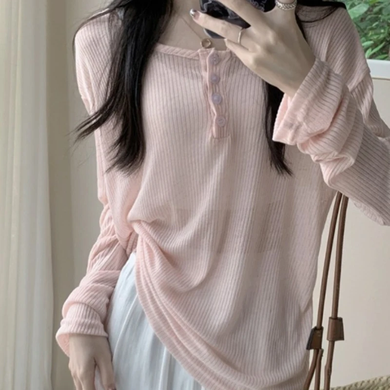 Pink Long Sleeve Knitted Sun-protective Shirts Women Summer Thin Backless Blouse Loose Simple Female Blouse Streetwear