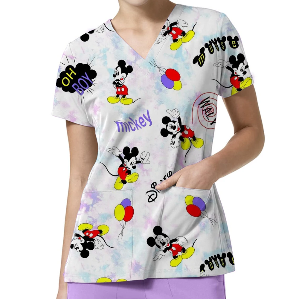 

Nurse Uniform T-shirt Summer Shirts Mickey Women's Clothes Minnie Mouse Pocket Women's Tops 2025 Disney V-seck Hospital T-shirt