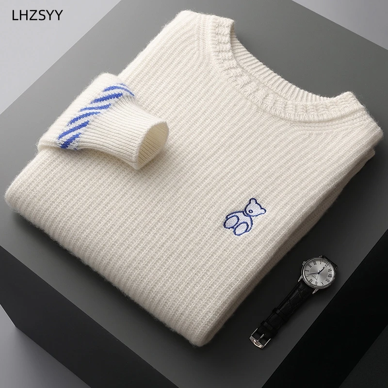 Lhzsyy-Suéter de caxemira bordado masculino, lã 100% pura, pulôveres espesso, tops grandes, camisa base quente casual, nova, inverno