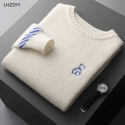 LHZSYY-suéter de lana pura 100% para hombre, jerseys gruesos bordados, Tops de talla grande, camisa Base de punto de Cachemira cálida informal, invierno, nuevo