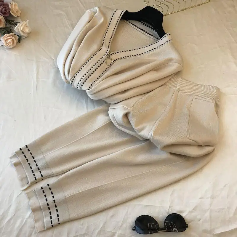 Zipper Fly High-End Suits Pure Cashmere Cardigan Women's Knitted Shirt Wide Leg Pants Outside Wear Thicken Two-Piece Set T33