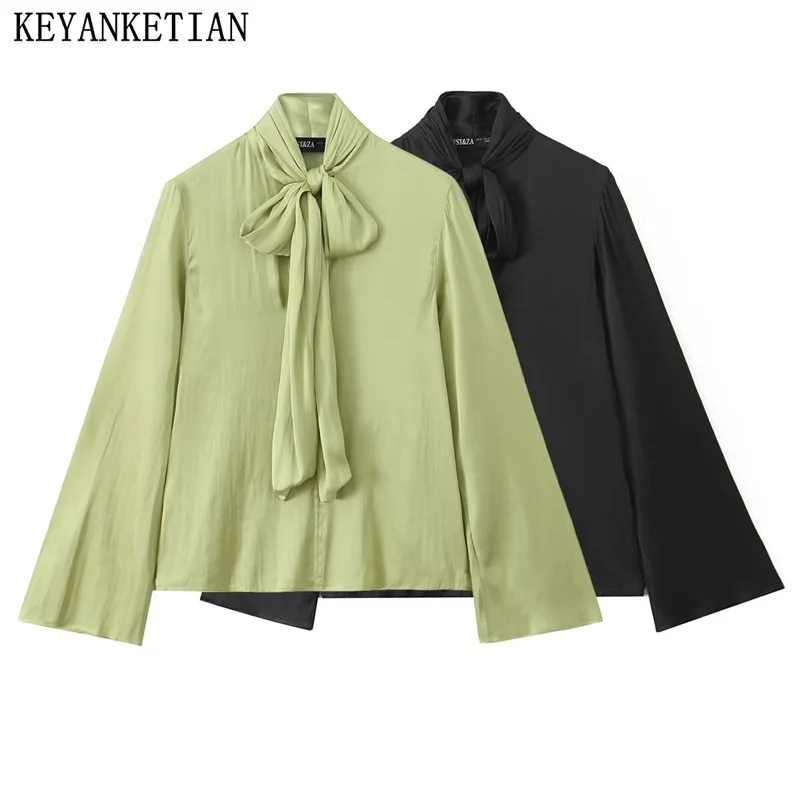 KEYANKETIAN 2024 New Women's Bow Lace Up Satin Shirt Autumn Office Lady Elegant Flare sleeve Solid color Pullover Blouse Top