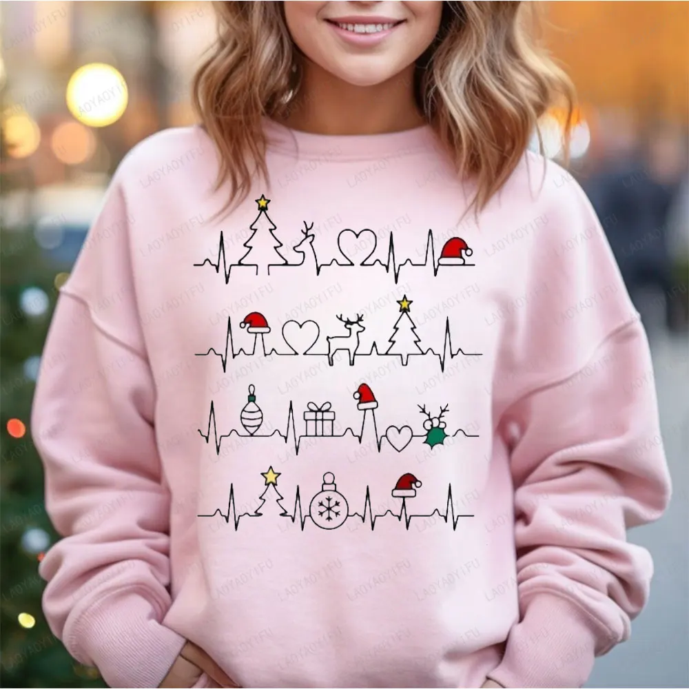 Świąteczna Śmieszna Bluza z Grafiką EKG, Świąteczne Drzewka, Czapka Świąteczna, Pulower Graficzny, Damska Męska Odzież Medyczna, Prezent, Sweter Casual