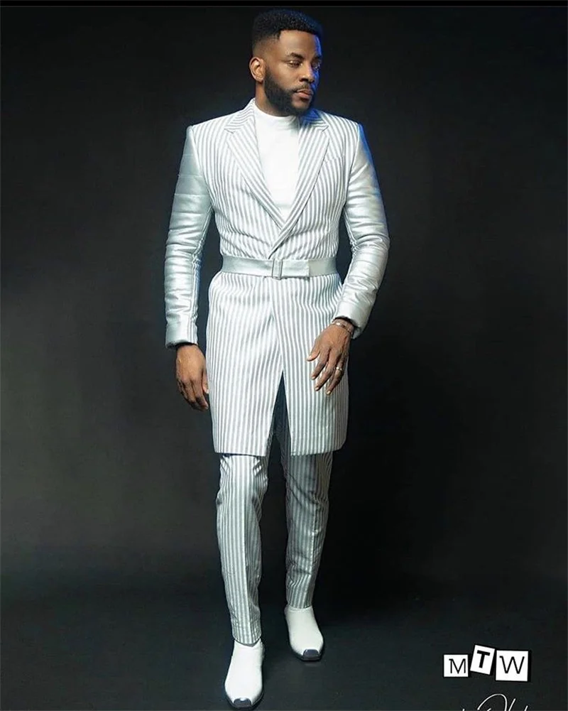 

Мужской костюм в полоску, 2 предмета: длинный пиджак + брюки с поясом, формальный офисный костюм, свадебный смокинг, костюм на заказ