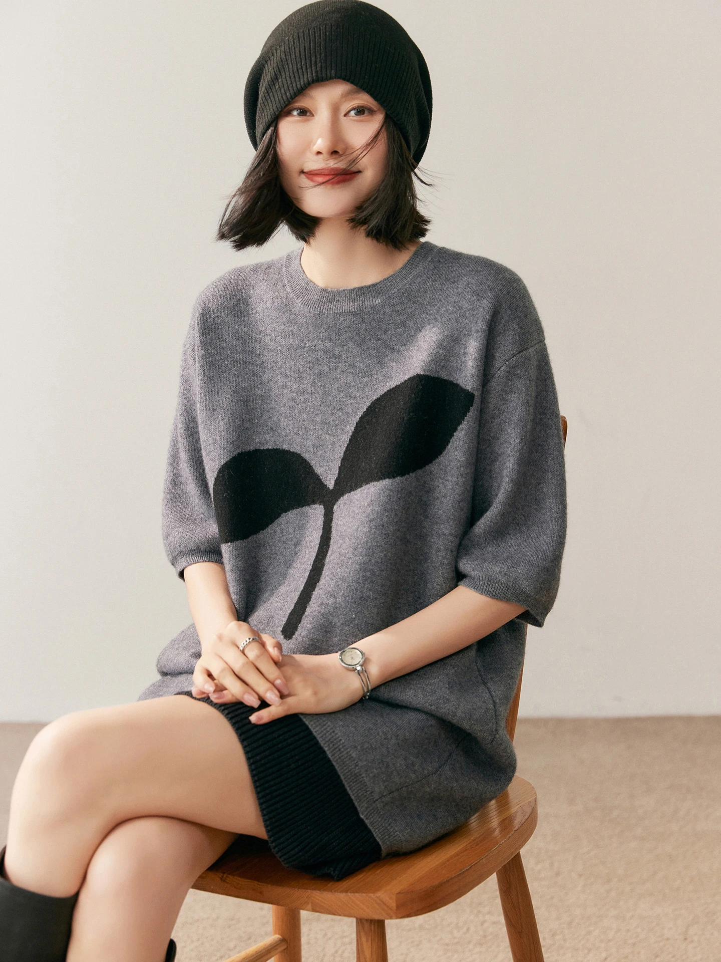 เสื้อสเวตเตอร์แคชเมียร์แท้ 100% สำหรับผู้หญิง คอทรงโอ แขนยาวครึ่งตัว ผ้าแจ็คการ์ด ทรงหลวม ถักนิตติ้ง เนื้อนุ่ม สวมใส่สบาย เหมาะสำหรับฤดูใบไม้ร่วงและฤดูหนาว