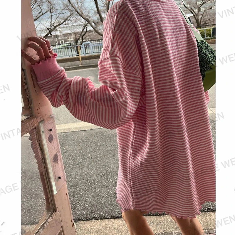 Korobov American Vintage Hoodies Pink Casual Striped Mid-length Sweatshirts Women Loose Long-sleeved Top Fashion Ropa De Mujer