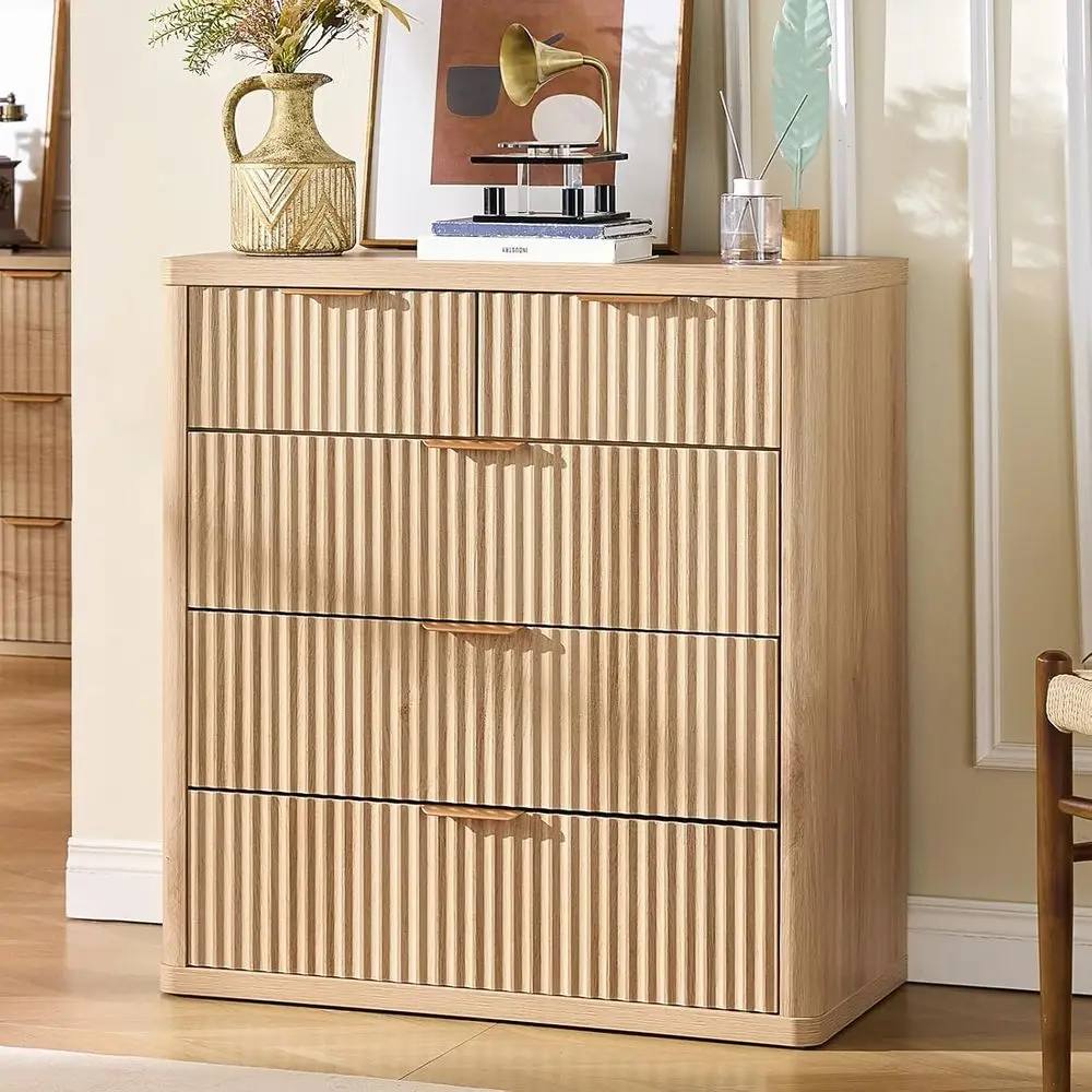

34 Tall Natural Wood Chest with Curved Design and Metal Handle for Bedroom, Living Room, and More