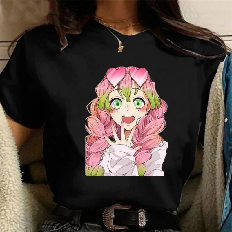 Camiseta estampada Kanroji Mitsuri feminina, gola redonda, streetwear aconchegante de manga curta, moda casual, camiseta Harajuku, verão, nova